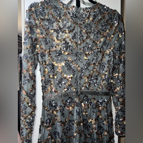 Lattice sequined illusion neckline long sleeve A-line gown - Picture 11 of 12